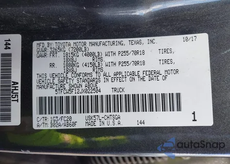 2018 Toyota Tundra Sr5 5.7L V8 from USA, damaged, VIN 5TFCW5F12JX022504